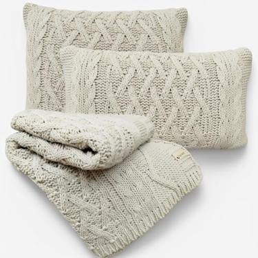 Imagem de Kit Manta Tricot Luxo 150x90cm + 2 Almofadas com Enchimento | Zíper Invisível | Fibra Siliconada | Sofá Sala | Xale Decorativo Elegante s05 (Bege Papiro)