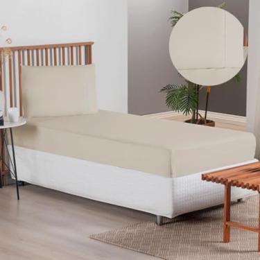 Imagem de Jogo De Cama Solteiro Kit 2 Peças Lençol Elástico E Fronha Com Ponto Palito Percal 300 Fios Toque Suave Macio (Lençol Caqui)