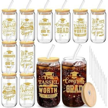 Imagem de 12 conjuntos de copos de vidro de graduação, presentes de formatura para ela Him, copo de cerveja em forma de lata com tampas, canudos, pincéis, presentes noturnos, copos de graduação para mulheres