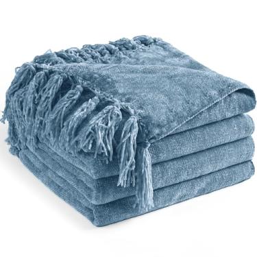 Imagem de LONG CREATE Cobertor de chenille para sofá de 152 x 203 cm, mantas macias e aconchegantes com franja para cama, sofá, cadeira, cobertores, decorativos, tricotados, leves, para sala de estar, azul
