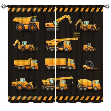 Imagem de Mchenxin Cortinas de carro de construção para quarto de crianças, desenhos animados, preto, amarelo, escavadeira, trator de construção, caminhão, impressão, cortinas de janela para quarto de bebê
