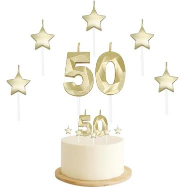 Imagem de Velas de aniversário de 50 anos – número 50, 5 e 0, estrelas com glitter 5 polegadas 3D em forma de diamante para festa e aniversário (ouro)