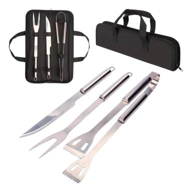 Imagem de Kit Churrasco Inox 3 Peças com Estojo, Utensílios para Churrasco com Faca, Garfo e Pegador, Acessórios de Churrasco em Aço Inoxidável