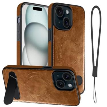 Imagem de Moment Dextrad Capa de couro magnética para iPhone 15, suporte embutido, compatível com MagSafe, alça de silicone, proteção interna de TPU, capa fina à prova de choque para iPhone 15 (marrom)