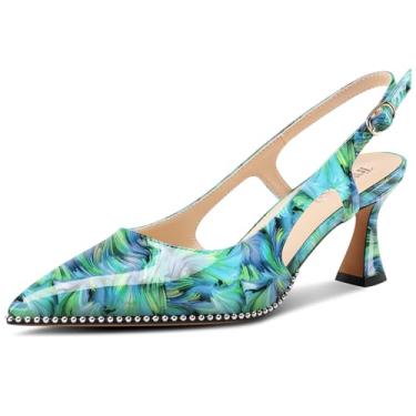 Imagem de TNYNFBEB Sapato feminino de salto gatinho bico fino com contas de prata e fivela sem cadarço vestido de formatura básico clássico couro envernizado verão salto de 6 cm, Vórtice verde, 39