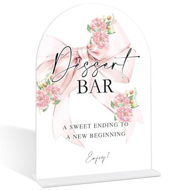 Imagem de Placa de bar de sobremesa para recepção de casamento, placa de arco de acrílico estilo laço rosa com base, decoração de mesa de sobremesa, suprimentos de festa, centros de mesa de chá de panela para