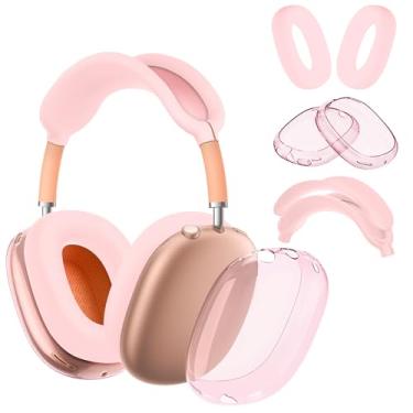 Imagem de Seltureone Capa 4 em 1 compatível com AirPods Max Headband/Ear Cups/Ear Pads, proteção completa de silicone macio e capa de fone de ouvido de TPU transparente para AirPods Max - Rosa