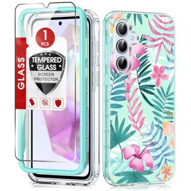 Imagem de LeYi Capa para Samsung Galaxy-A35: com estampa floral floral e protetor de tela, capa protetora de camada dupla de corpo inteiro 360 robusta à prova de choque slim fit Galaxy A 35 para mulheres e