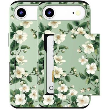 Imagem de MUQR Capa para celular 17 Air compatível com suporte de cartão fofo - Capa tipo carteira robusta com design Kawaii, proteção contra quedas de grau militar para mulheres (flores de magnólia verde