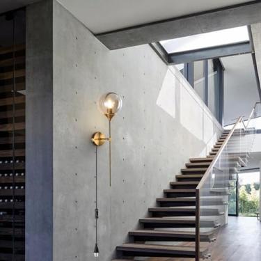 Imagem de Luminária de parede E27 com interruptor e plugue Arandelas de parede internas modernas com cobertura de sombra de vidro, lâmpadas de parede com cabo de alimentação E27 Suporte de lâmpada para quarto