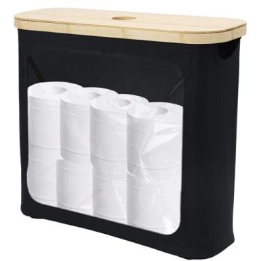Imagem de Cesta dobrável de armazenamento de papel higiênico, suporte de armazenamento de papel higiênico de grande capacidade com tampa de bambu, caixa organizadora de banheiro multiuso para banheiro, quarto