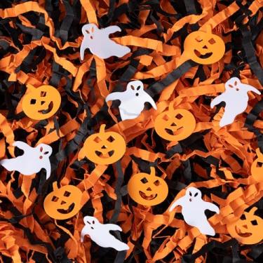 Imagem de SWANGSA 1,1 kg de enchimento de papel cortado enrugado de Halloween, enchimento de papel picado laranja preto para doces ou travessuras, caixa de cesta de presente, embalagem de festa de aniversário