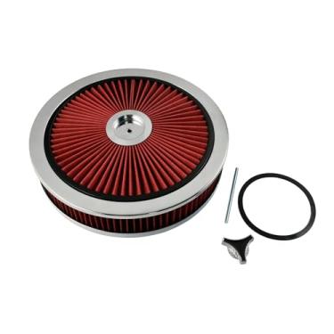 Imagem de BATONECO Kit de montagem de filtro de purificador de ar redondo de 35,5 x 7,6 cm compatível com GMC Chevy Ford SBC BBC, alto fluxo com tampa de fluxo cromado para caburetor de pescoço de carburador de