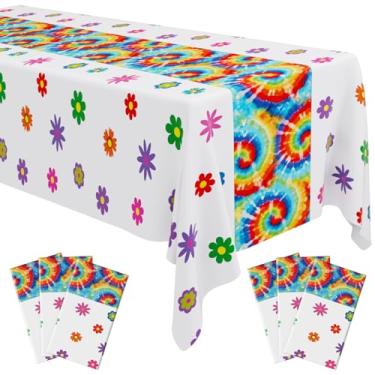 Imagem de Oudain 6 peças de toalha de mesa hippie para decoração de festa dos anos 60 e 70, 137 x 273 cm, flor, plástico, tie dye, toalha de mesa a granel, retrô, descartável, decoração para festa hippie dos