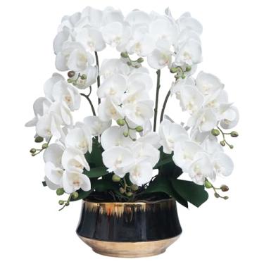 Imagem de CXGS Orquídeas Flor artificial de toque real orquídea falsa em vaso de cerâmica grande 60 cm realista branco falso Phalaenopsis arranjos florais mesa de centro de mesa decoração interna para casa