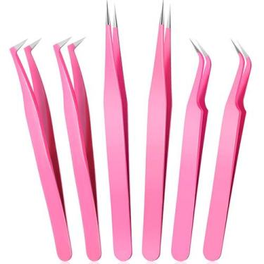 Imagem de Pinça de extensão de cílios Mudder, 6 peças de aço inoxidável rosa