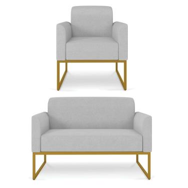Imagem de Kit Namoradeira e 1 Poltrona Decorativa Base Industrial Dourada Maressa A05 Linho Cinza Claro - Ibiza