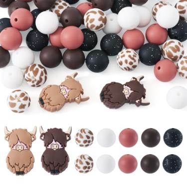 Imagem de Beadthoven 52 peças de contas focais de silicone de gado para canetas, contas de silicone com estampa de vaca de 15 mm, preto, branco, marrom, espaçadores redondos de borracha para chaveiros