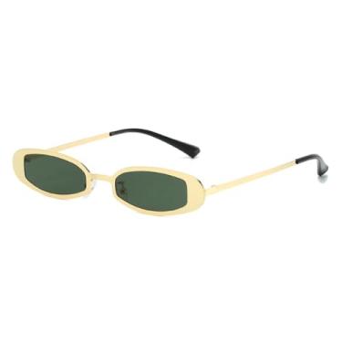 Imagem de Óculos de sol retrô pequeno oval de metal feminino, armação transparente UV400, estilo retrô punk masculino (dourado verde escuro)