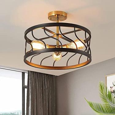 Imagem de Lustre 3 Luzes Semi Flush Mount Luz de Teto Luminária de Teto Lustre Luminária Moderna Industrial Preto e Dourado Metal Gaiola Lâmpada Compatível, Decoração Moderna