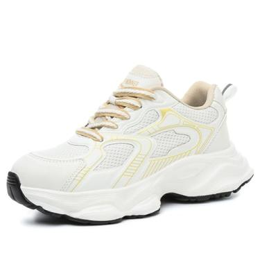 Imagem de AlkYutd Tênis feminino leve de plástico com bico de aço, à prova de perfuração, cadarço, Branco, 33