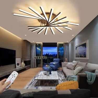 Imagem de Luminária de teto LED moderna regulável com controle remoto 3000K-6000K design linear lâmpada de sala de estar metal acrílico iluminação LED para sala de estar quarto sala de jantar escritór