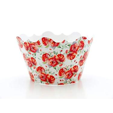 Imagem de Envoltórios de cupcake de flores de casamento (pacote com 12) - lembrancinhas de festa de jardim ao ar livre, suprimentos florais de casamento, decorações formais de flores rosa e vermelhas de