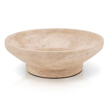 Imagem de EARTHENTONES Tigela de frutas de mármore para balcão de cozinha, tigela artesanal de travertino, acessórios decorativos para casa premium, cesta de frutas elegante para decoração de cozinha e jantar