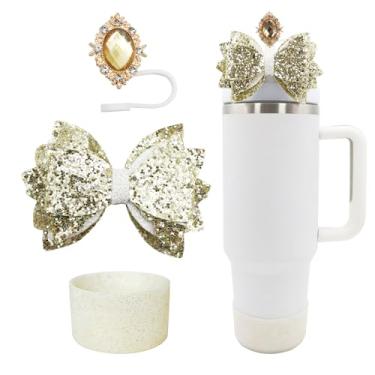 Imagem de Conjunto de 3 peças de acessórios para copo Stanley de 30 e 1,134 g com alça, decoração de canudo de laço fofo e topo de palha de 10 mm, bota de silicone com glitter, acessórios de copo fofos