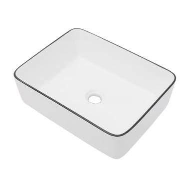 Imagem de Pia de banheiro - Pia de vaso shinmou 48 x 38 cm retangular branca acima do balcão pias de banheiro bancada de porcelana cerâmica pia de vaso de banho com acabamento preto retangular arte bacia