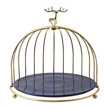 Imagem de Suporte de bolo de gaiola de pássaro para mesa de sobremesa, suporte de exibição de sobremesa de metal dourado com bandeja de cerâmica e topo de alce para celebrações, decoração de casa, suporte de