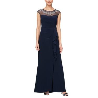 Imagem de Alex Evenings Vestido feminino longo evasê para mãe da noiva com gola e mangas ilusão (tamanhos pequenos e regulares), Boné de jérsei azul-marinho, 46