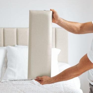 Imagem de Kit 10 Módulos Cabeceira Estofada em Linho para Cama Casal Queen King Solteiro - Painel Decorativo Retangular 60x20cm Adesivo(BEGE,5 MÓDULOS)