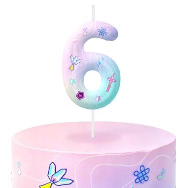 Imagem de Velas de aniversário rosa número 6, topos de bolo com tema de desenho animado para decoração de bolo para meninos e meninas, decorações de aniversário, suprimentos de festa, velas com números para
