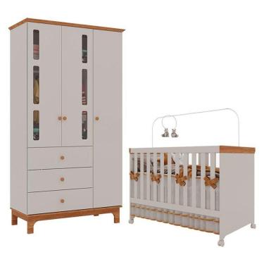Imagem de Berço Americano Mini Cama Com Guarda Roupa Infantil Antonella 3 Portas Off White Caramelo - Canaã