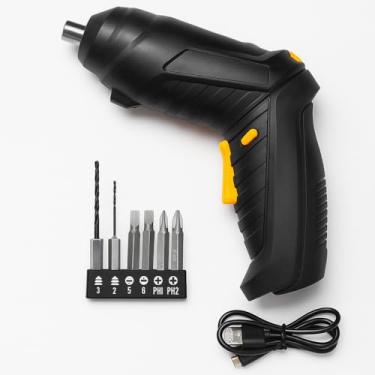 Imagem de Parafusadeira Elétrica Recarregável Mini, Portátil com 6 Bits, Cabo USB, Design Ergonômico em Preto e Amarelo