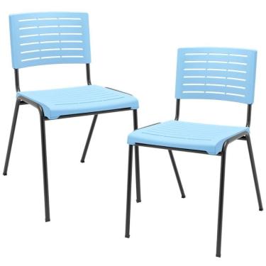Imagem de Kit 02 Cadeiras Empilhável Fixa Escritório Multiuso Base Preta Kimi P03 Azul Celeste - Lyam Decor