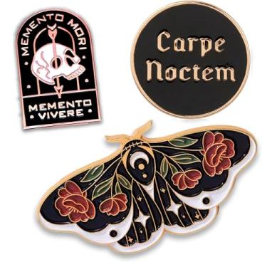 Imagem de Conjunto de 3 pinos esmaltados góticos – Broche de mariposa com flores da lua, carpe noctem – Seize The Night, Memento Mori Skull – Estética gótica, emo, grunge, punk, mochila alternativa para