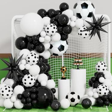 Imagem de Kit de arco de guirlanda de balão de futebol - Kit de arco de balões de futebol preto e branco com balão Starburst de futebol para fãs de esportes, festa de aniversário, chá de bebê, decorações de