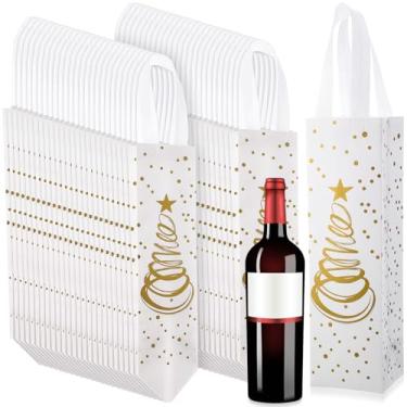 Imagem de Wesnoy 50 peças de sacos de presente de garrafa de vinho não tecidos reutilizáveis de Natal a granel 33,6 x 3,5 x 3,9 x 3,9 sacos de presente de garrafa de Natal com alças para festa de Natal (ouro