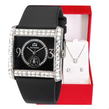 Imagem de Relógio Feminino Champion Ana Hickmann Couro Preto Cristais AH28133T Colar e Brincos