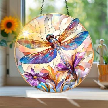 Imagem de Acrílico colorido Suncatcher, apanhador de sol estilo vitral impresso libélula com reflexos de arco-íris, decoração de janela suspensa, decoração de parede, ornamentos de Natal para uso interno e