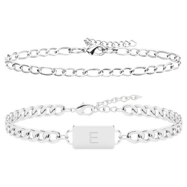 Imagem de Pmormyy 2 peças de pulseira de aço inoxidável com letra inicial, pingente de letra A-Z prata ouro preto fígaro cubano corrente de elos para homens e mulheres conjunto de joias, One Size, Aço
