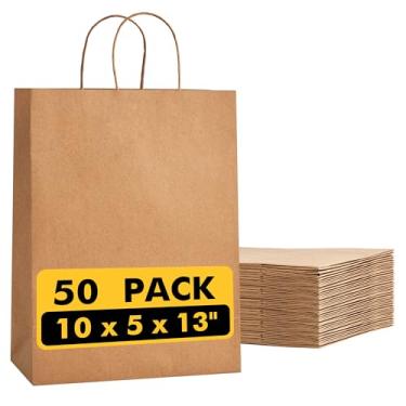 Imagem de 50 sacos de compras kraft 25 x 13 cm em sacos de papel marrom com alças a granel, saco de presente de papel reciclado para lembrancinhas de festa de aniversário, mercearia, varejo, compras, negócios