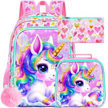 Imagem de gxtvo Mochila de unicórnio com 3 peças, mochila infantil de 40,6 cm com lancheira, resistente à água, para crianças em idade pré-escolar – cabelo arco-íris de unicórnio