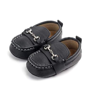 Imagem de CINDEAR Mocassins para bebês meninos e meninas, lindos sapatos de berço recém-nascidos, tênis pré-walkerPU, perfeitos para batismo, engatinhos/casamento de 0 a 18 meses, 1211 - Preto, 12-18 Months Narrow Infant