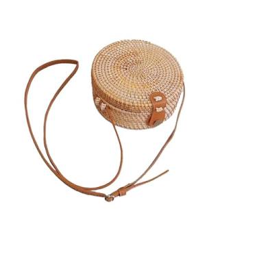 Imagem de Laeuokie Bolsa feminina de palha redonda: Rattan tecido à mão, cesta transversal de vime. Tecido para praia, férias, uso diário., Fivela de couro liso, 7.1" (L) * 3.1" (W) * 7.1" (H), Bolsa de vime