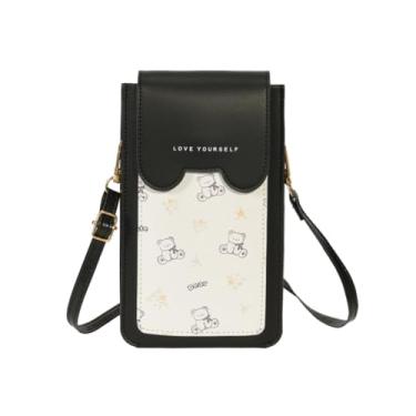 Imagem de Bolsas de telefone pequenas bolsas transversais femininas de couro da moda urso fofo compartimento triplo tela sensível ao toque com bloqueio RFID transversal, Preto, Medium, Tendência