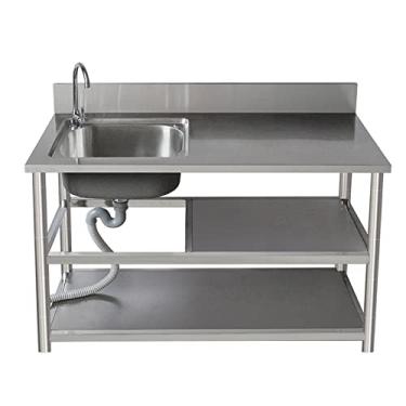 Imagem de Pia de cozinha independente para estação de trabalho, pia de aço inoxidável, tigela única, pia industrial de restaurante comercial com bancada de trabalho e prateleiras de armazenamento (120 x 50 x 80