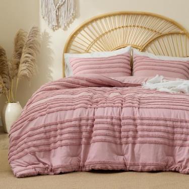 Imagem de BEDELITE Conjunto de edredom Boho King Size – Conjunto de cama listrado adornado rosa empoeirado com 3 peças, edredom vintage macio para todas as estações, decoração de casa boho, roupa de cama